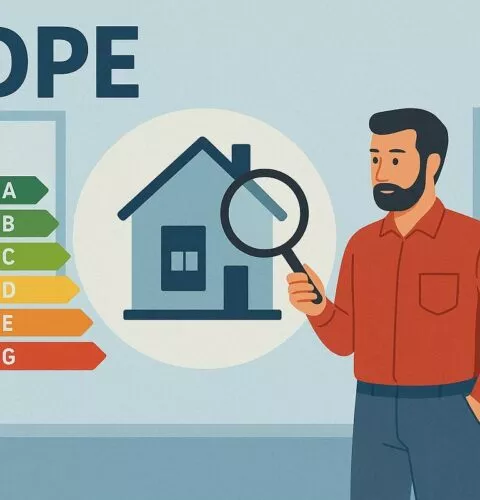 Agent immobilier avec loupe sur maison et DPE écrit