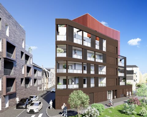 Perspective du projet Eclipse selon l'angle Sud, en provenance de l'hôpital