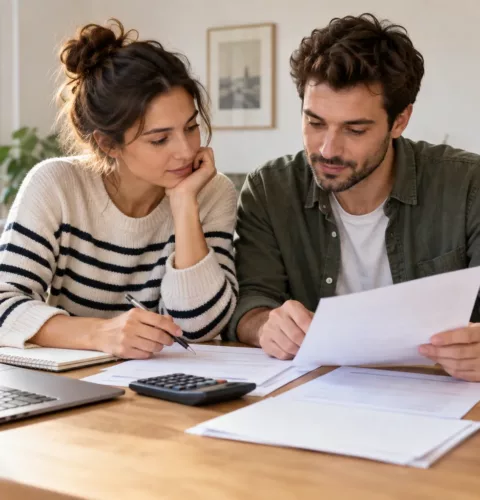 Un couple et leur enfant entrent dans leur nouveau logement, carton de déménagement à la main