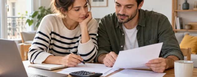 Un couple et leur enfant entrent dans leur nouveau logement, carton de déménagement à la main
