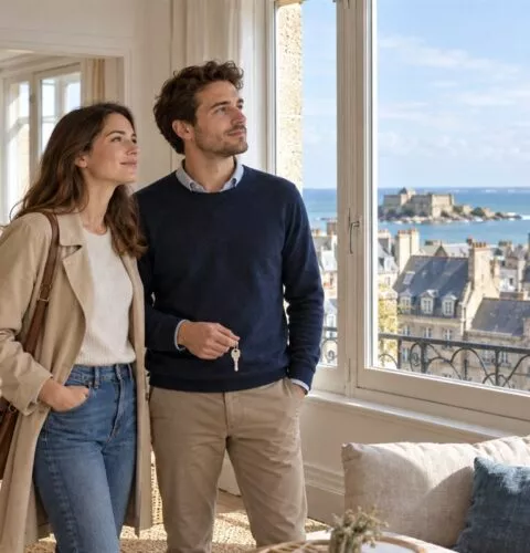 Couple visitant un logement à Saint-Malo avec un conseiller immobilier, clés en main