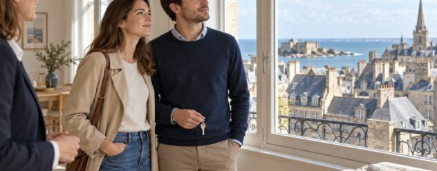 Couple visitant un logement à Saint-Malo avec un conseiller immobilier, clés en main